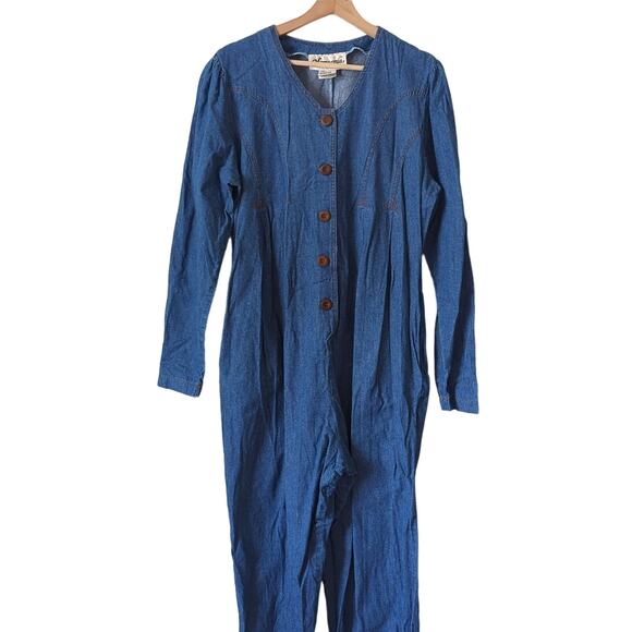 Vintage 80s Denim Blue Womens Jumpsuit Western Cowgirl Button Front Size Large - Picture 3 of 9